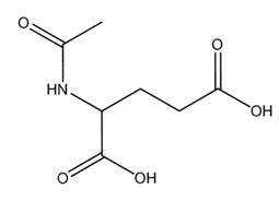 Representative chemical structure of acetyl glutamic acid, with SMILES notation: CC(=O)NC(CCC(=O)O)C(=O)O